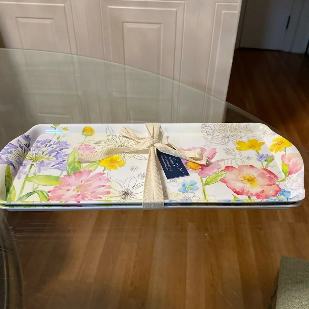 Brand New Set Of 2 Pcs 15” Long Rectangular Tahari Floral Trays